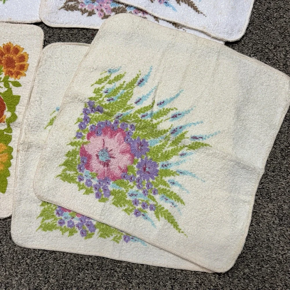 Lot of 6 Vintage Dundee Floral Hand Bath Towels Cotton Terry MCM Retro